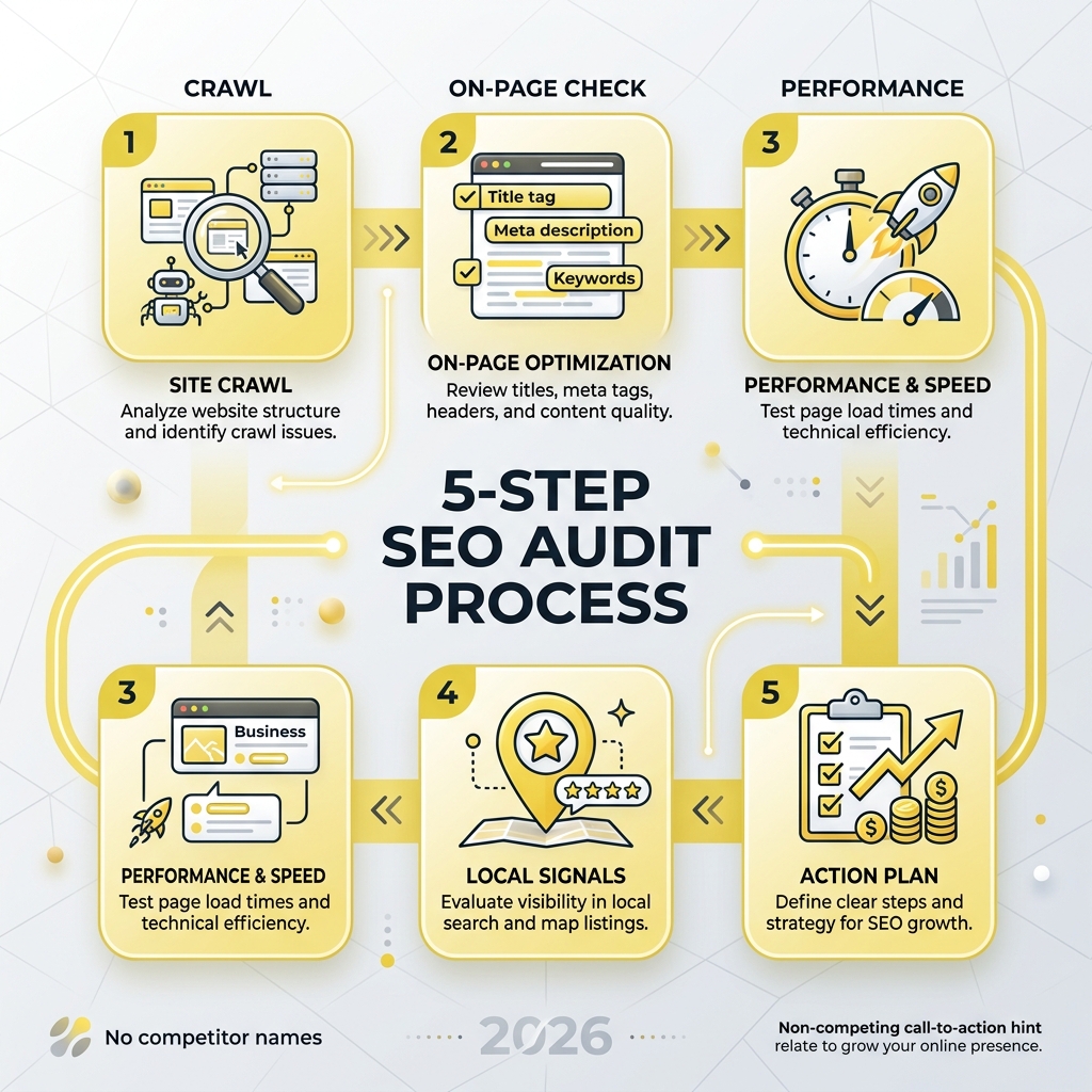 5-step SEO audit process showing crawl, on-page check, performance, local signals, and action plan - free seo audit seotrust
