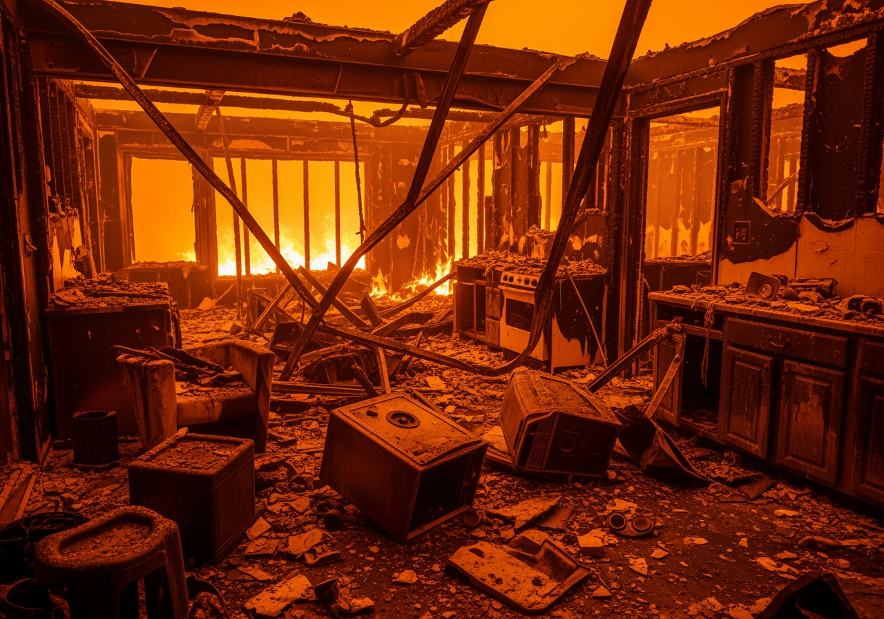 warped steel beams and melted household items - house fire temperature