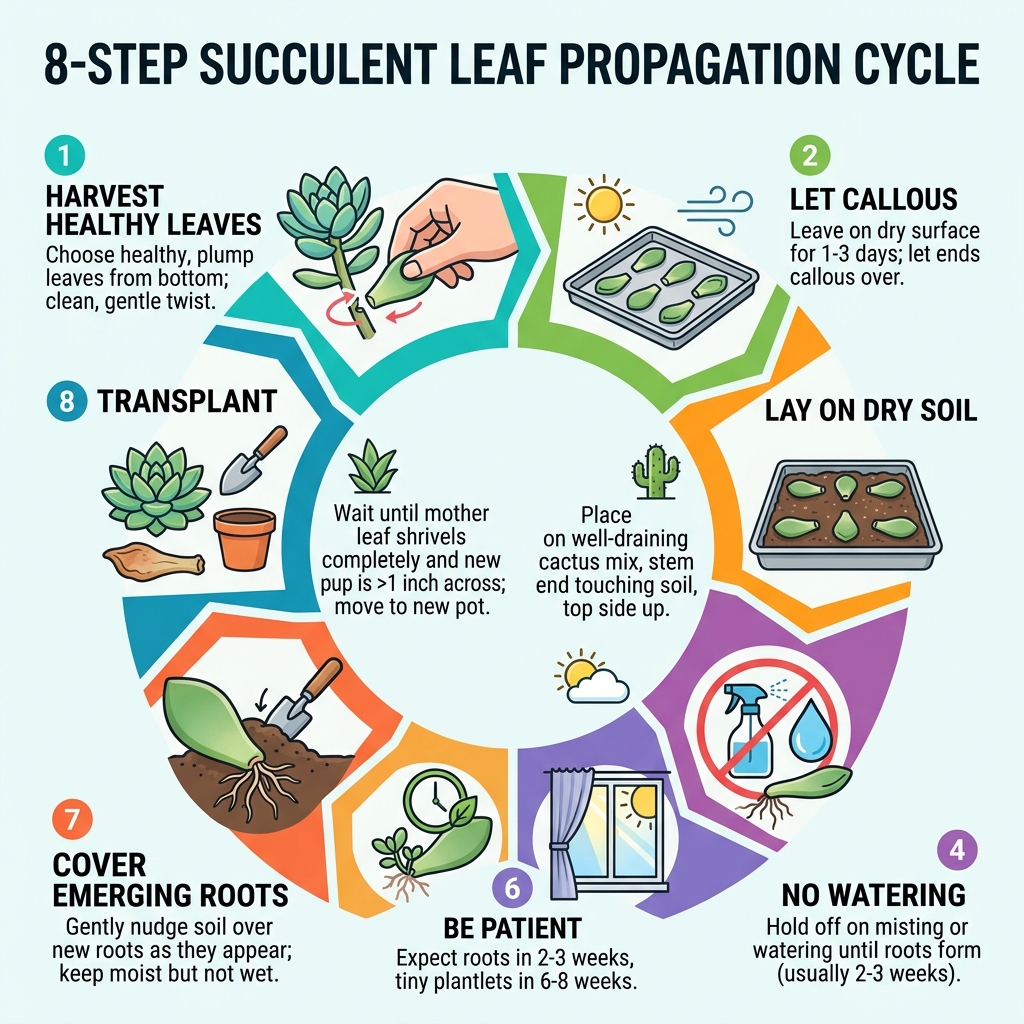 8-step succulent leaf propagation cycle from harvest to transplant - succulent leaf propagation tips infographic 