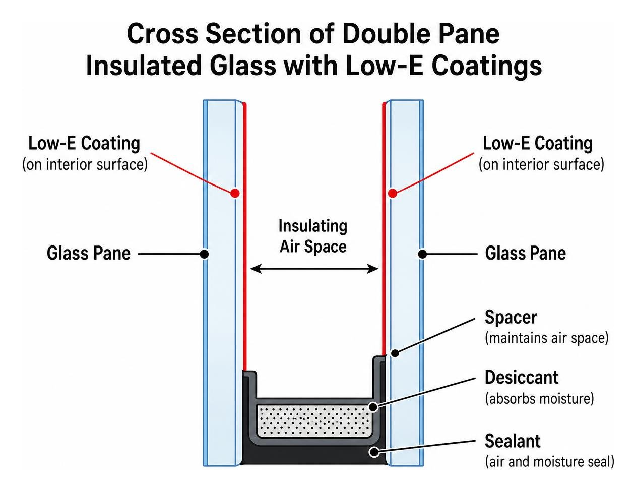 Cross section diagram of double pane insulated glass with Low-E coatings Cross section diagram of double pane insulated glass with Low-E coatings