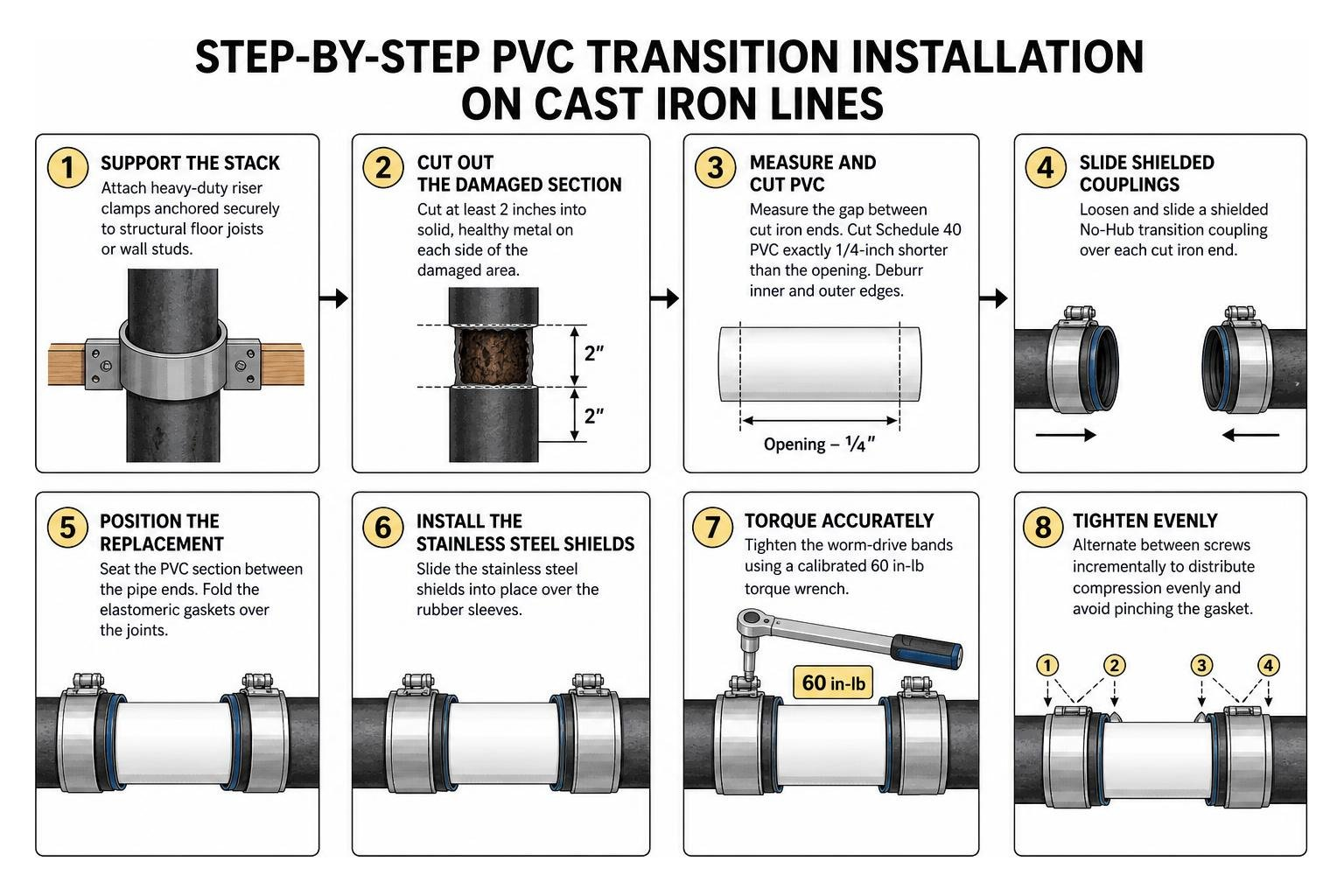 Step-by-step PVC transition installation on cast iron lines Step-by-step PVC transition installation on cast iron lines