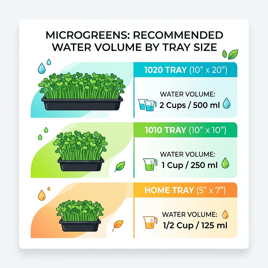 Table comparing water volume for different tray sizes - how often water microgreens infographic 
