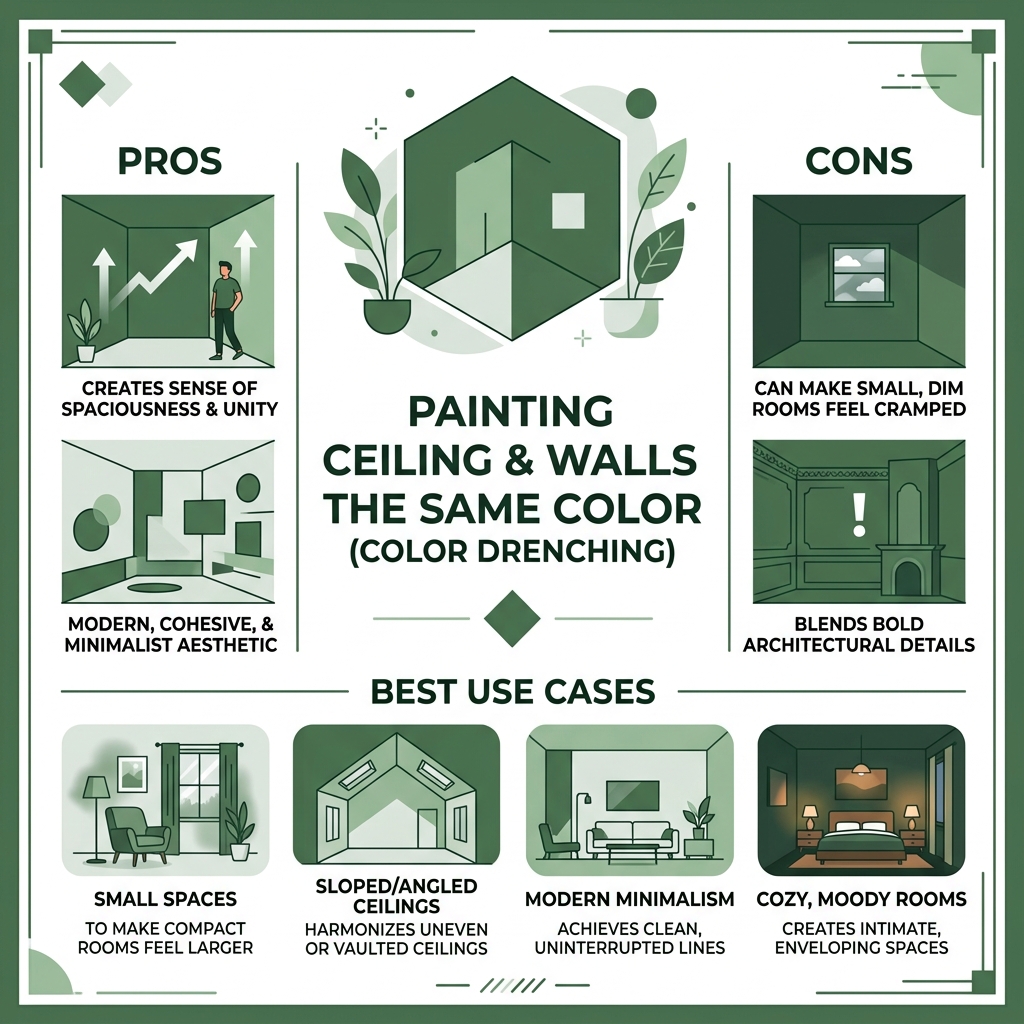 Infographic showing pros, cons, and best use cases of painting ceiling and walls the same color - paint ceiling and walls