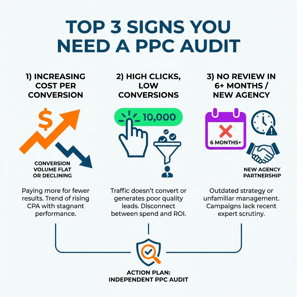 Top 3 signs you need a PPC audit: increasing cost per conversion, high clicks with low conversions, and no review in over six months; action plan: independent PPC audit.