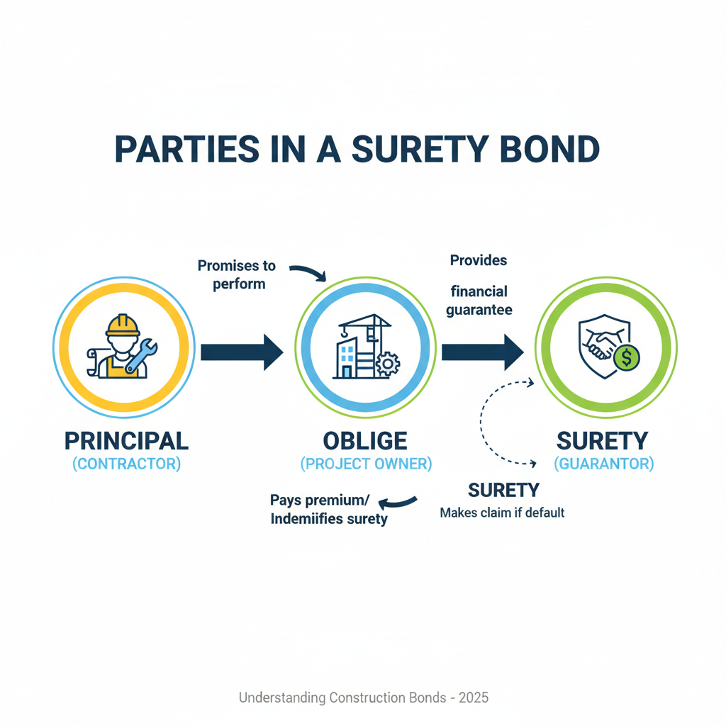 Infographic explaining the three parties in a surety bond: Principal (contractor), Obligee (project owner), and Surety (guarantor) - Construction bond rates infographic 