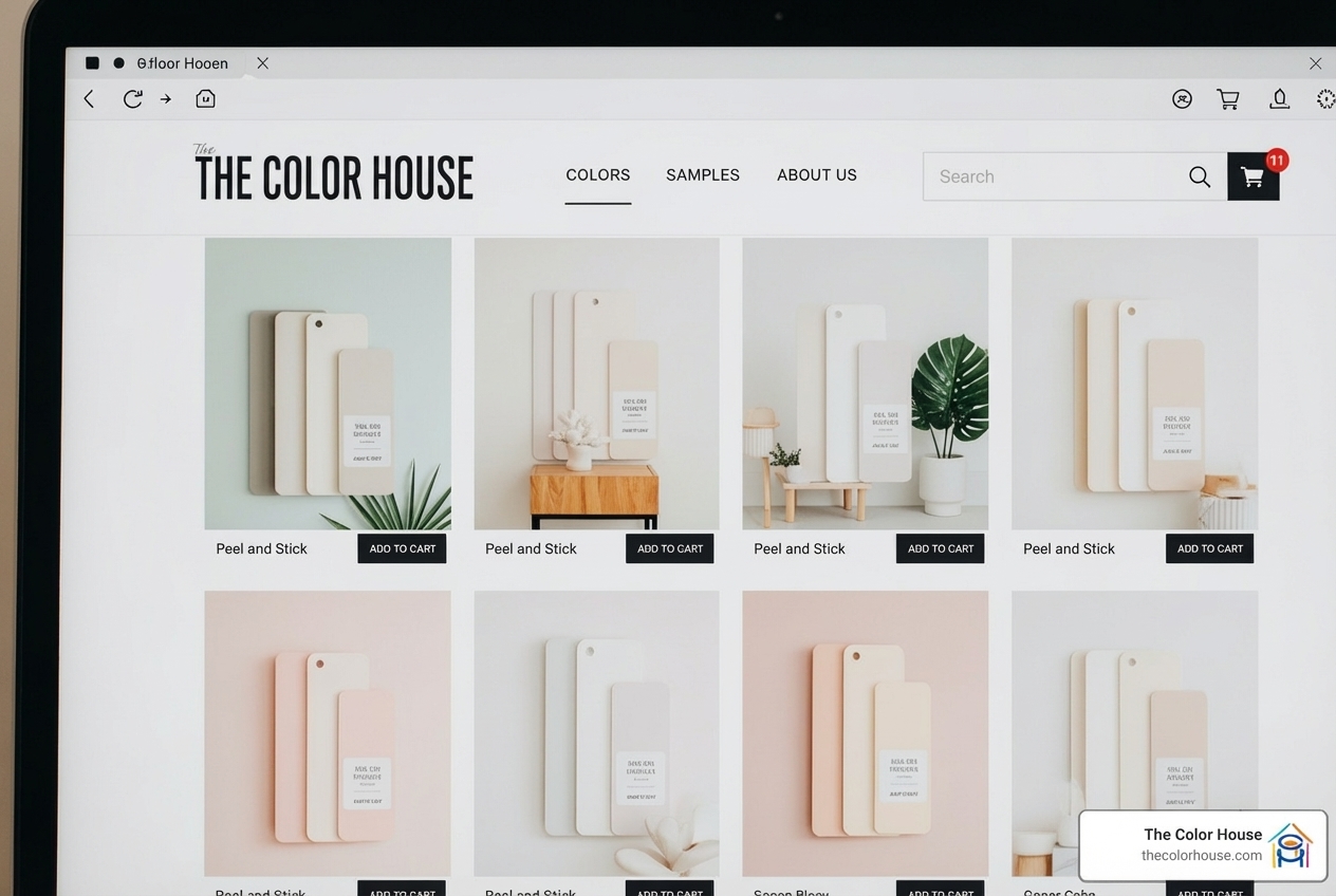 A laptop screen showing The Color House online store for peel and stick samples - where can i get peel and stick paint samples A laptop screen showing The Color House online store for peel and stick samples - where can i get peel and stick paint samples