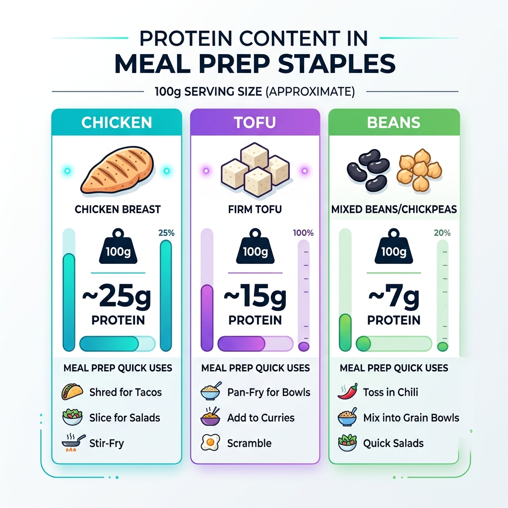 Infographic comparing the protein content of common meal prep staples like chicken, tofu, and beans - 30 minute meal prep