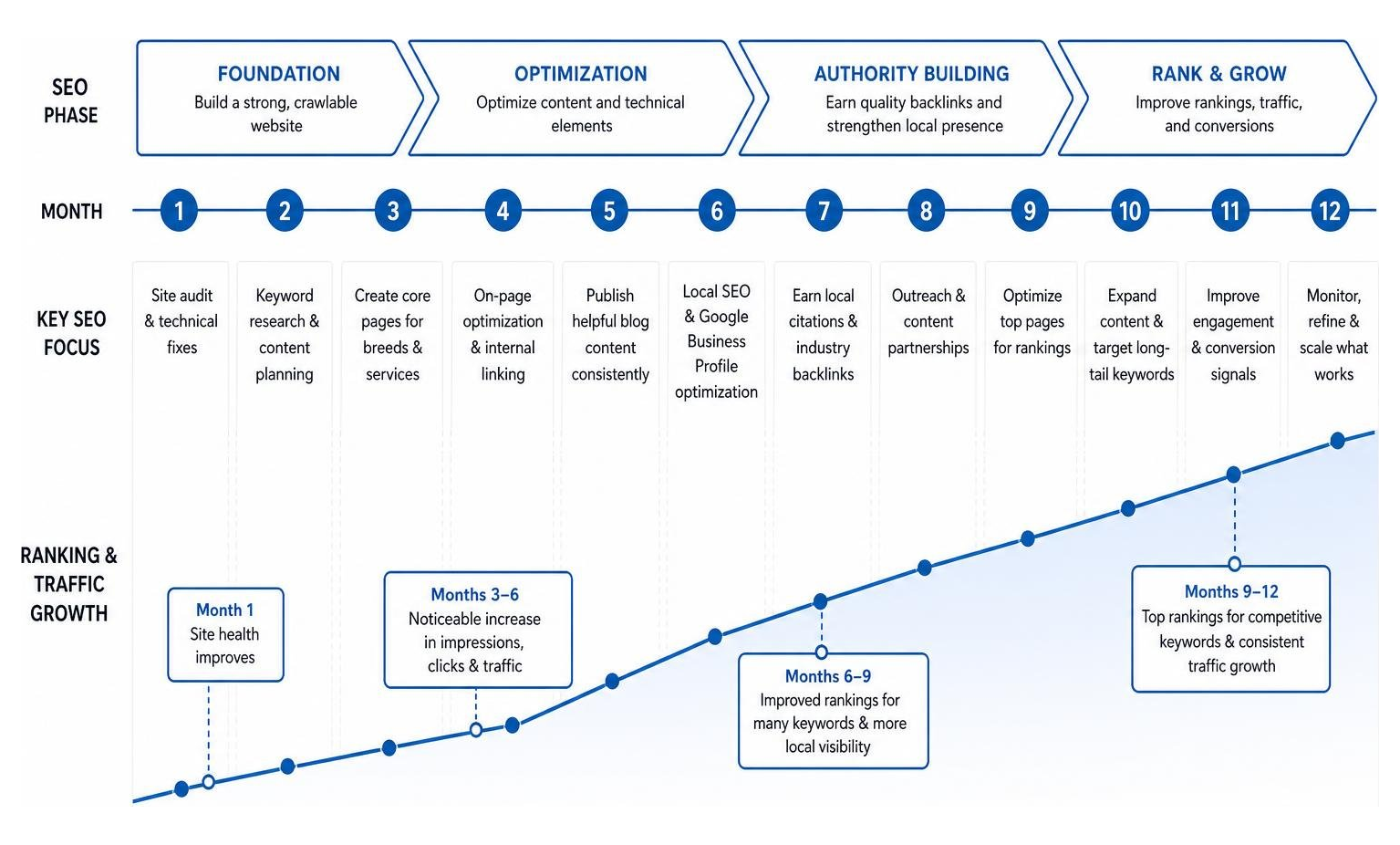 seo implementation and ranking growth timeline over 12 months