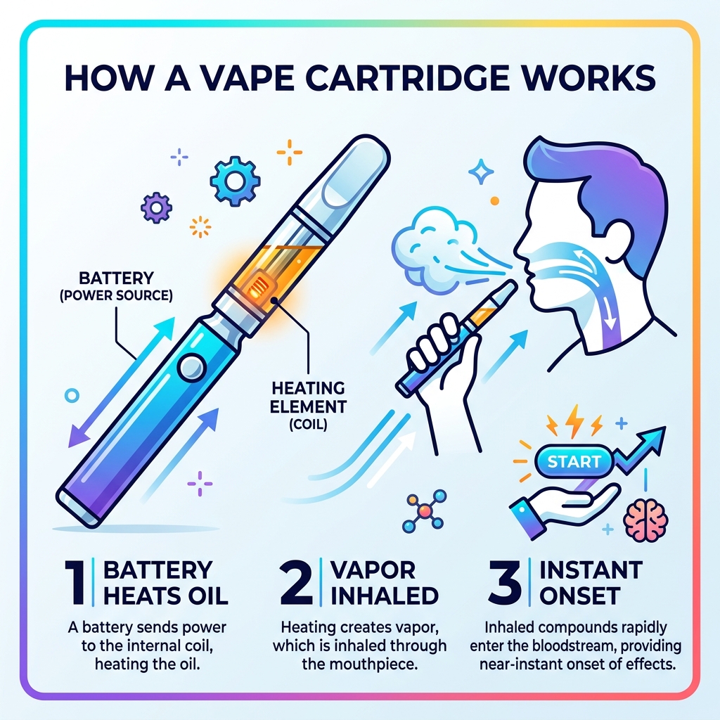 Infographic showing how a vape cartridge works: battery heats oil, vapor inhaled, instant onset - Vape cartridge online Infographic showing how a vape cartridge works: battery heats oil, vapor inhaled, instant onset - Vape cartridge online