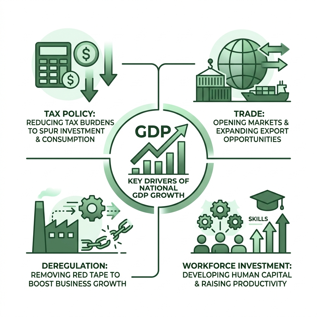 Key drivers of national GDP growth including tax policy, trade, workforce investment, and deregulation - economic growth