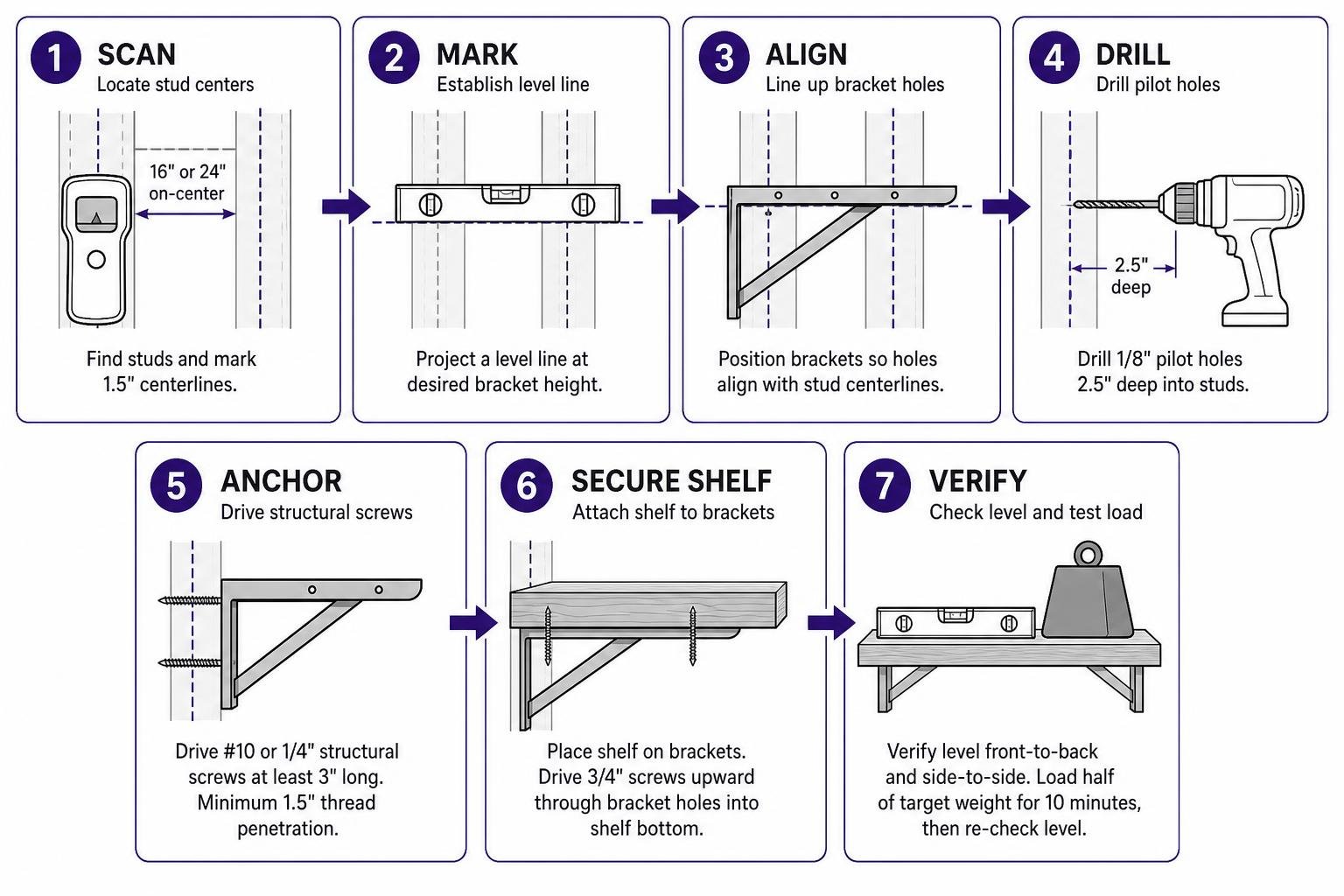 Step-by-step mounting workflow showing scanning, marking, drilling, and anchoring