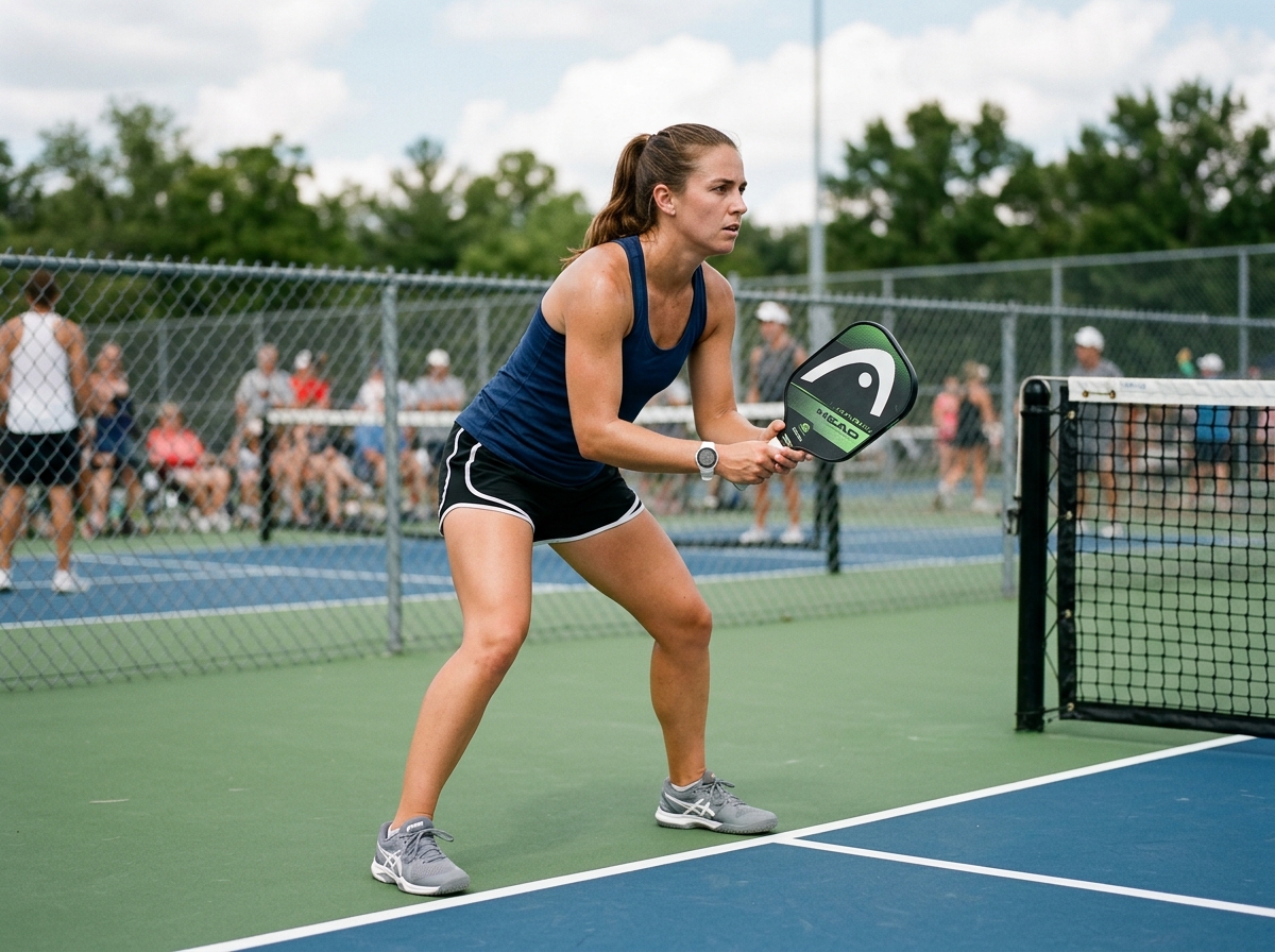 A pickleball player in a perfect ready position with the paddle out front and knees bent - simple pickleball blocking