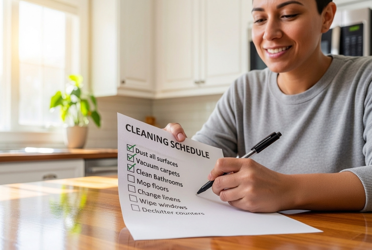person happily checking off cleaning schedule - healthy homes cleaning