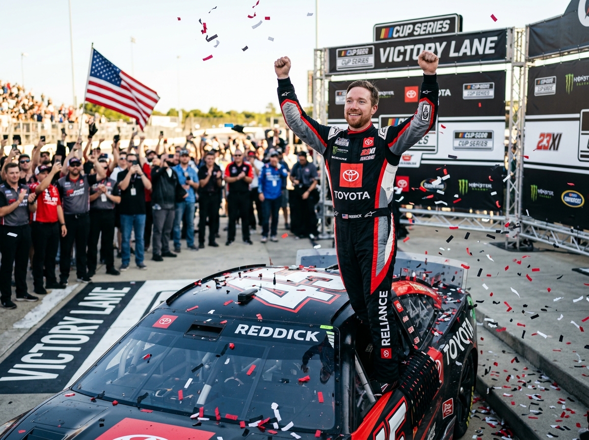 Tyler Reddick celebrating a win in the 2026 season - nascar standings