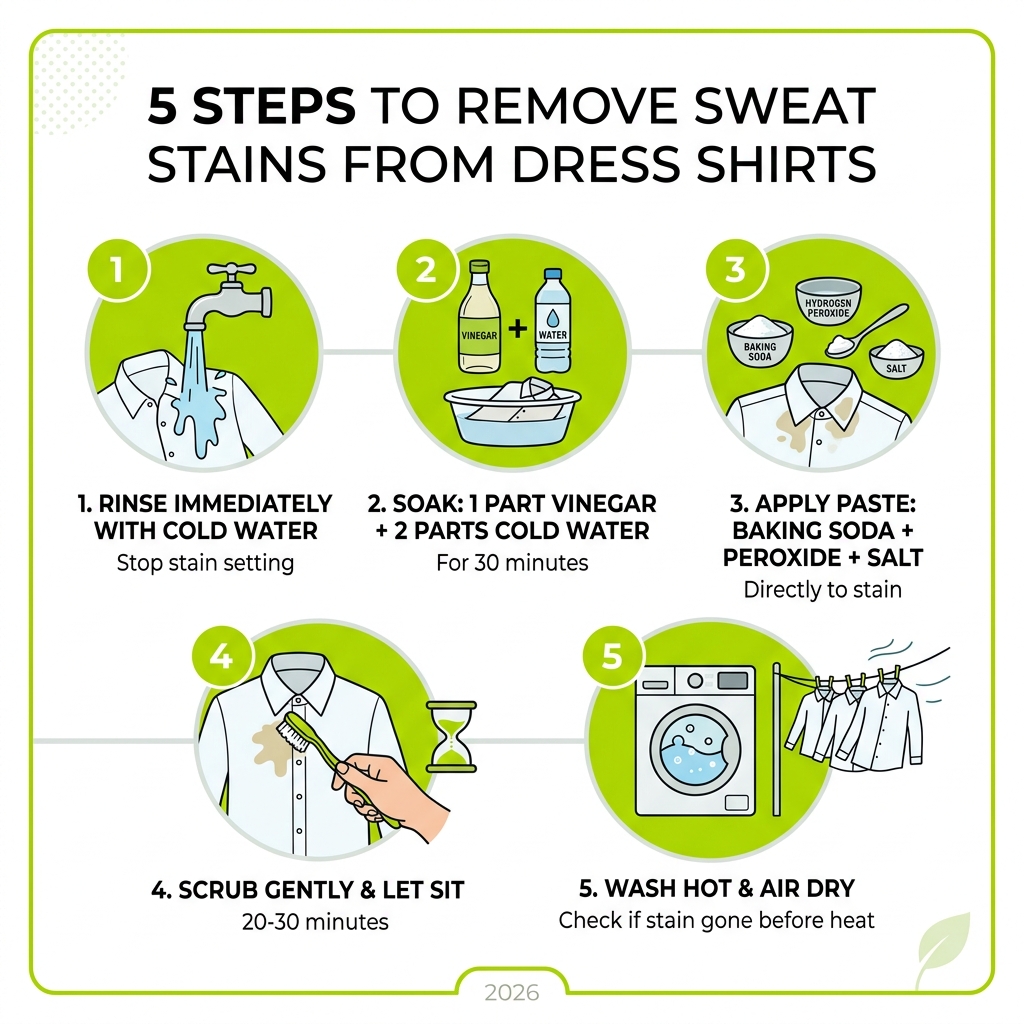 5-step infographic for removing sweat stains from dress shirts using household ingredients - removing sweat stains from 5-step infographic for removing sweat stains from dress shirts using household ingredients - removing sweat stains from