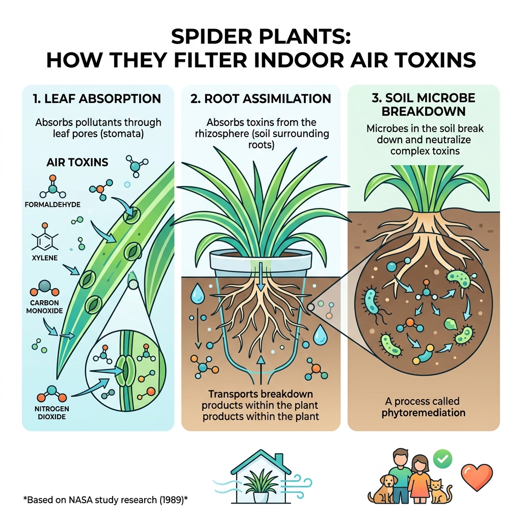 Infographic: how spider plants filter indoor air toxins through leaves, roots, and soil microbes - spider plant clean air Infographic: how spider plants filter indoor air toxins through leaves, roots, and soil microbes - spider plant clean air