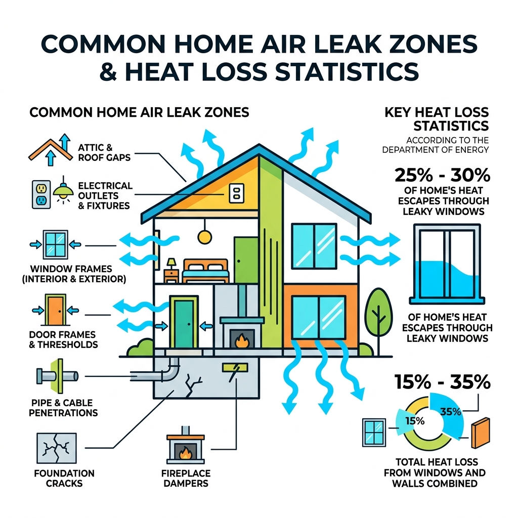 common home air leak zones and heat loss statistics infographic - home winter caulking tips infographic 