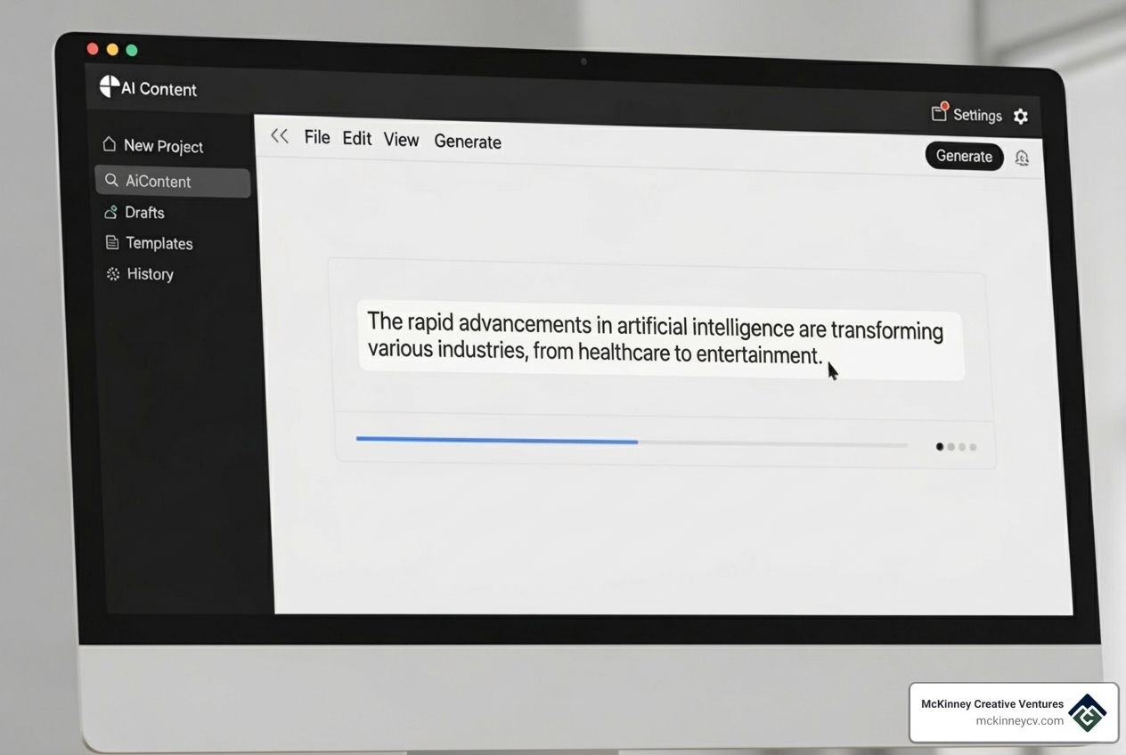 clean, generic AI content tool interface showing text being generated - social media content generation clean, generic AI content tool interface showing text being generated - social media content generation