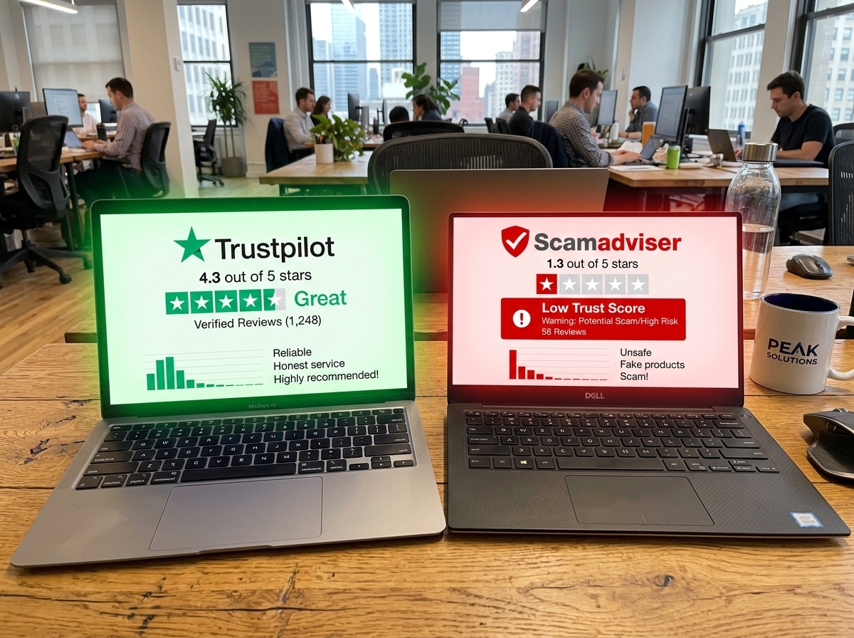 Graphic showing conflicting review scores: 4.3 on Trustpilot vs 1.3 on Scamadviser - Vinclarity scam Graphic showing conflicting review scores: 4.3 on Trustpilot vs 1.3 on Scamadviser - Vinclarity scam
