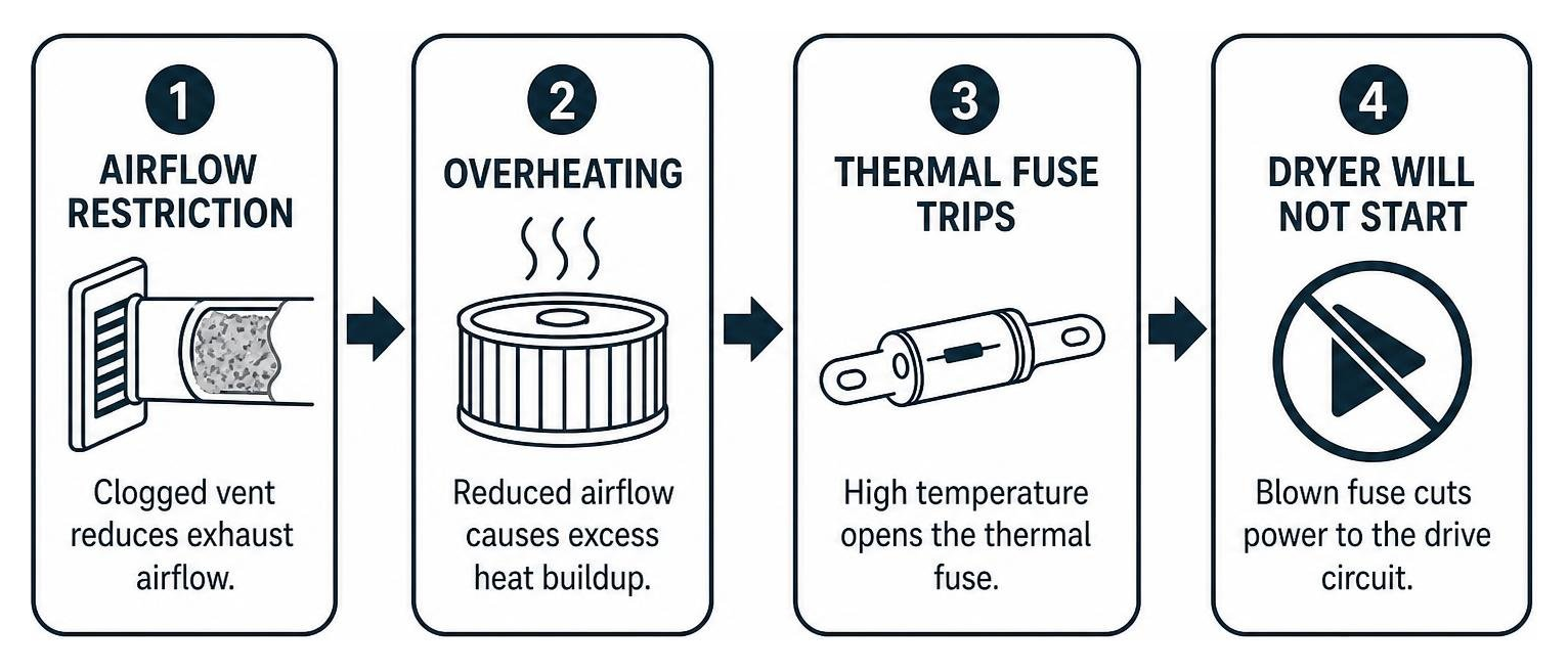 Dryer airflow restriction leading to thermal fuse failure Dryer airflow restriction leading to thermal fuse failure