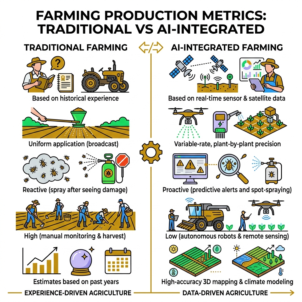 Comparison of traditional vs AI-integrated farming production metrics - ai in agriculture infographic 