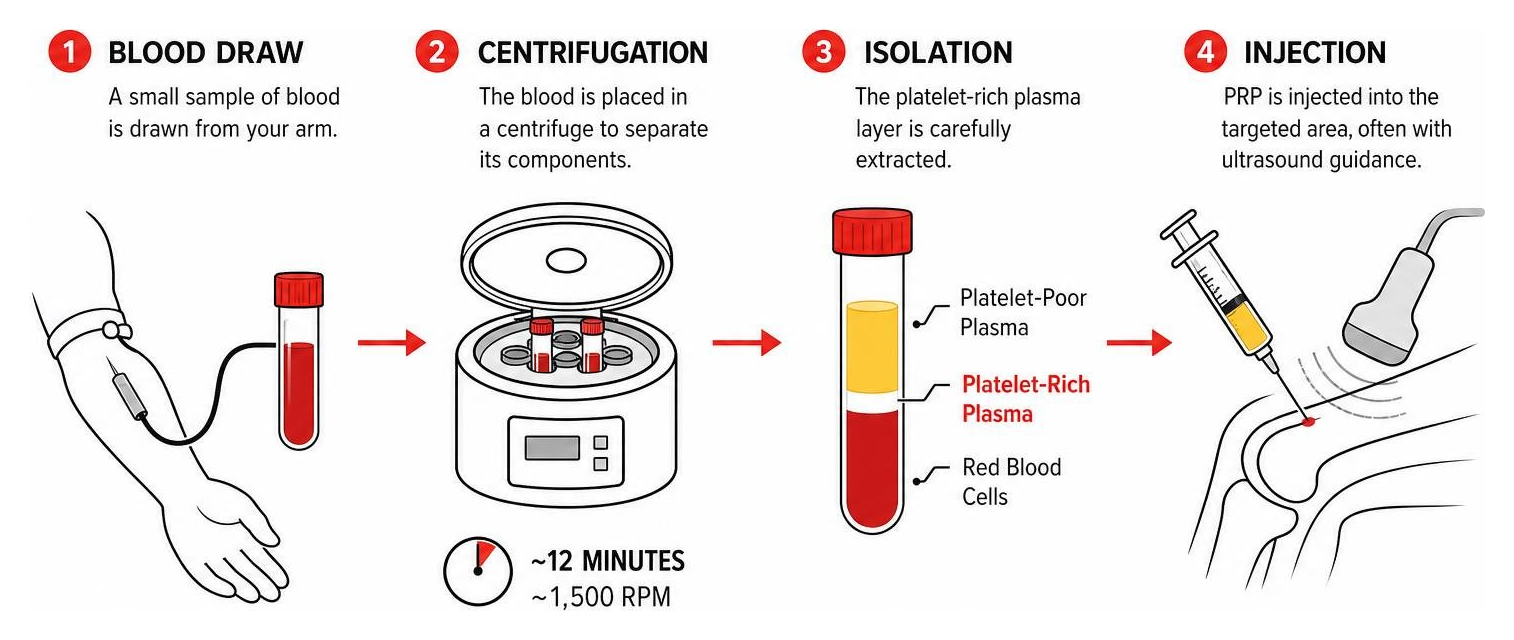 Diagram of the step-by-step preparation and injection process of platelet-rich plasma