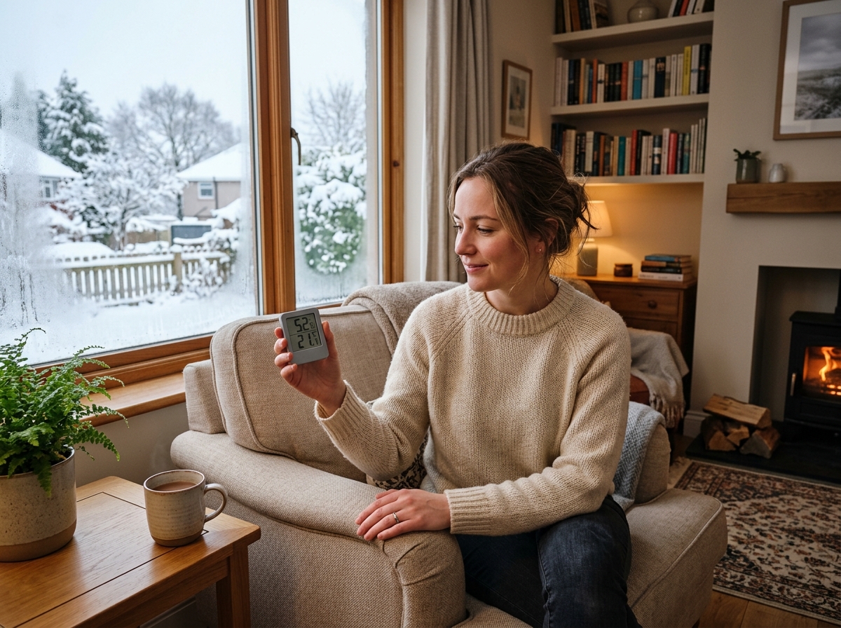 Person checking a digital hygrometer to monitor indoor humidity levels - home winter ventilation tips Person checking a digital hygrometer to monitor indoor humidity levels - home winter ventilation tips