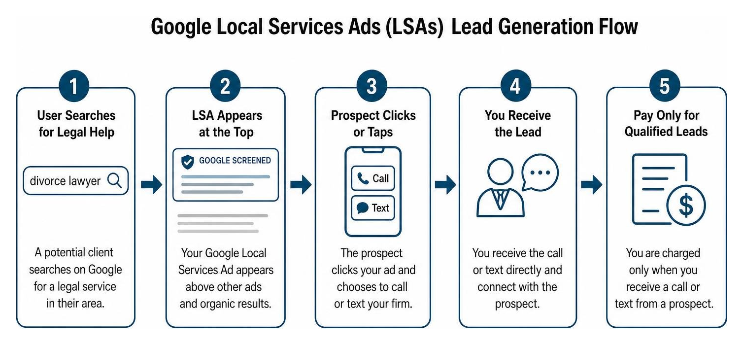 Google Local Services Ads (LSAs) lead generation flow diagram illustrating user search, ad appearance, clicks,