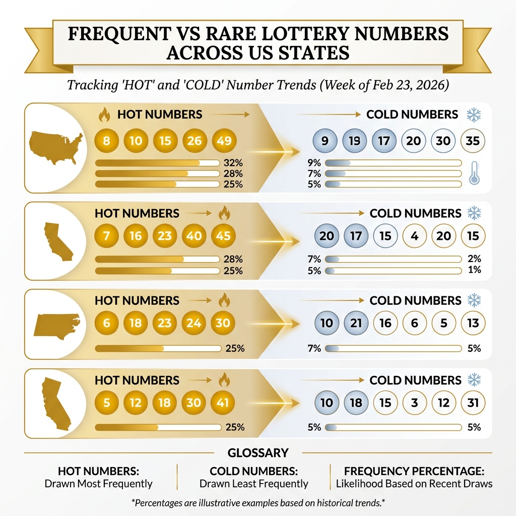 Infographic showing hot vs cold lottery numbers by state with frequency percentages - hot number today infographic 