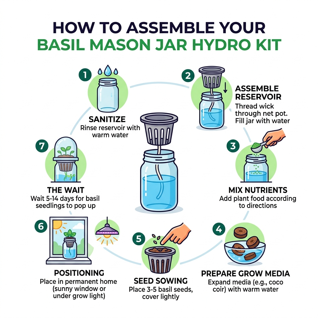 Infographic showing the step-by-step assembly of a mason jar hydroponic kit - basil hydro kit beginners infographic Infographic showing the step-by-step assembly of a mason jar hydroponic kit - basil hydro kit beginners infographic