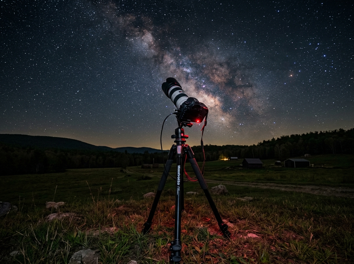 A basic astrophotography setup featuring a DSLR camera, a telephoto lens, and a sturdy tripod - nebulae imaging beginner