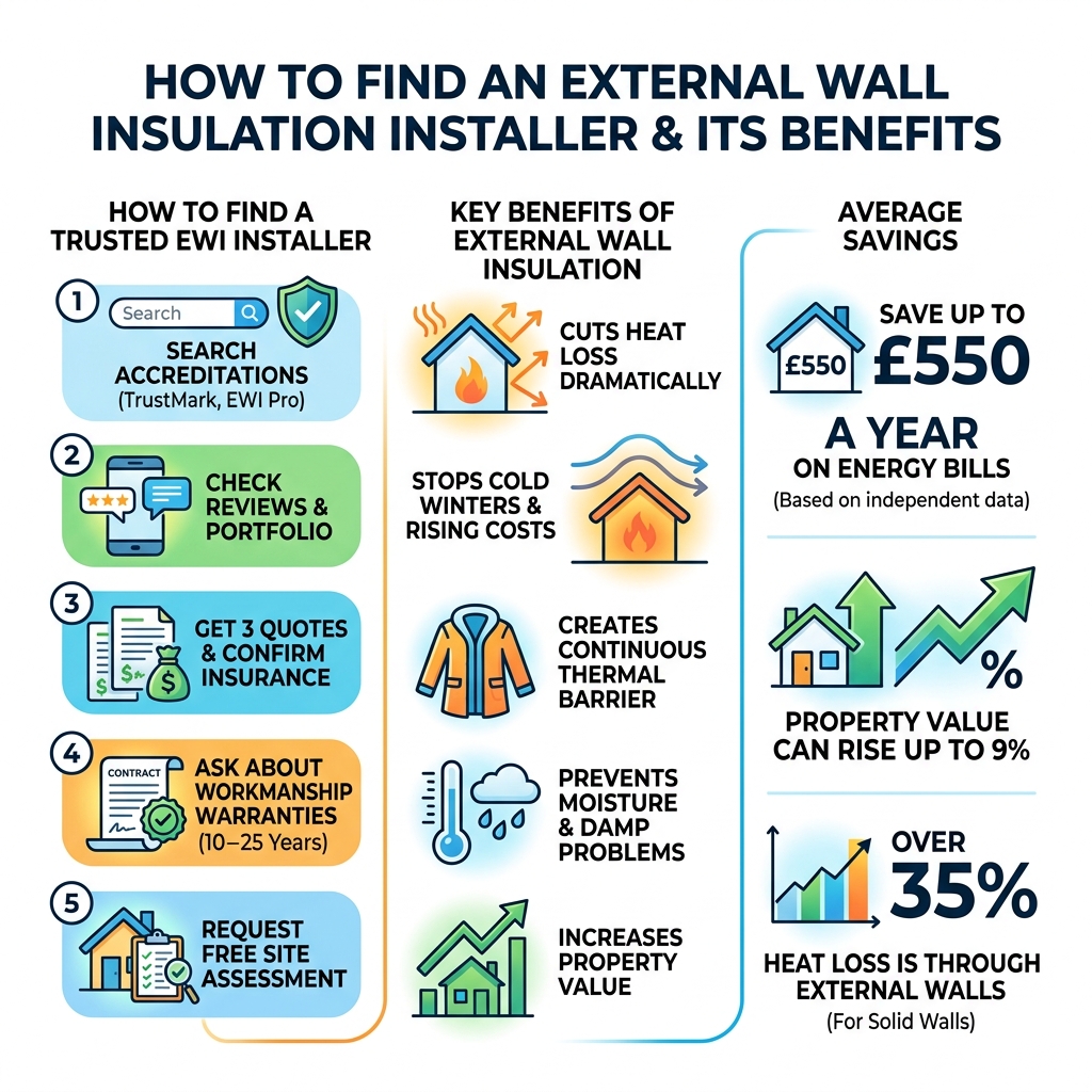 Infographic showing how to find an external wall insulation installer, key benefits, and average savings - external wall