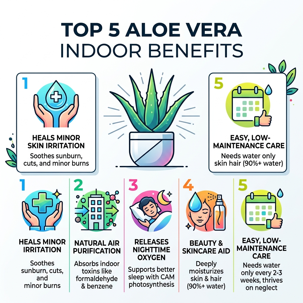 Top 5 aloe vera indoor benefits infographic with icons for healing, air quality, skincare, oxygen, and easy care - aloe vera Top 5 aloe vera indoor benefits infographic with icons for healing, air quality, skincare, oxygen, and easy care - aloe vera