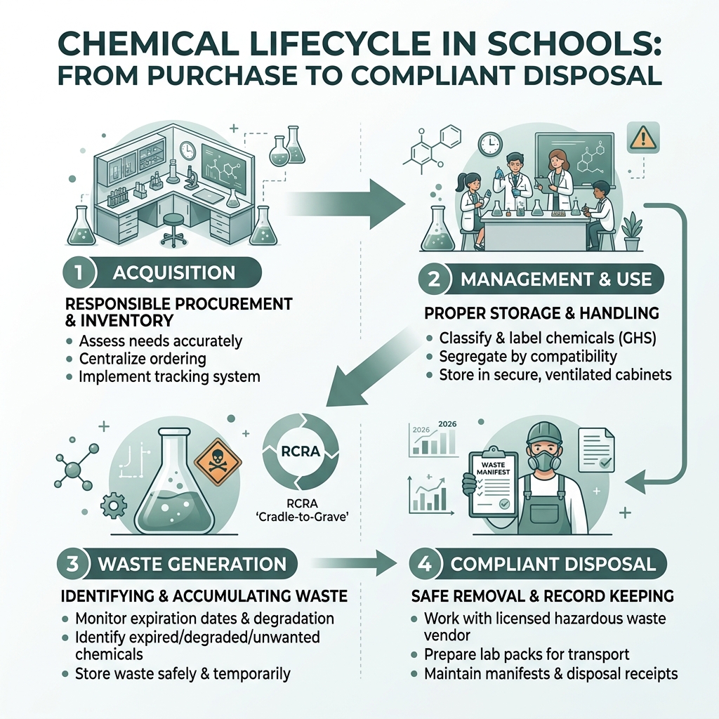 Chemical lifecycle in schools from purchase to compliant disposal infographic - School chemical waste disposal infographic Chemical lifecycle in schools from purchase to compliant disposal infographic - School chemical waste disposal infographic
