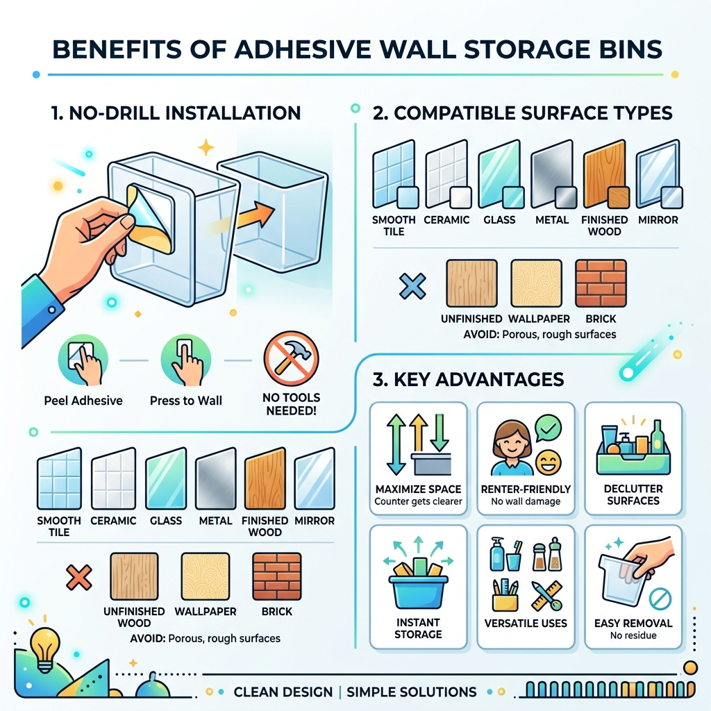 Benefits of adhesive wall storage bins infographic showing no-drill installation, surface types, and key advantages
