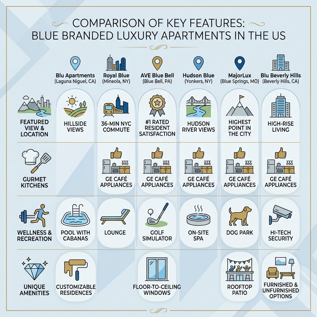 Infographic comparing key features of Blue branded luxury apartments across US cities - luxury apartments blue infographic 