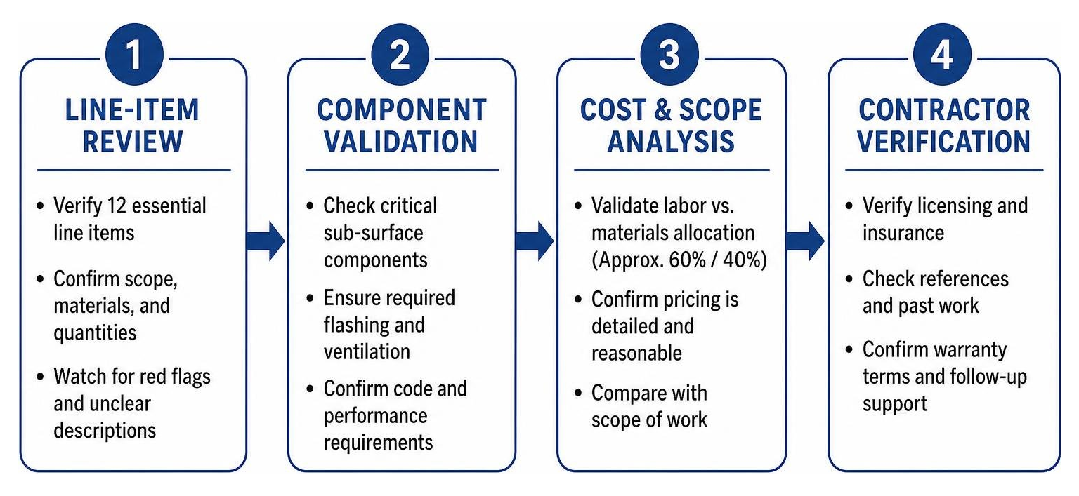 Process of auditing a roofing estimate from line-item review to contractor verification Process of auditing a roofing estimate from line-item review to contractor verification