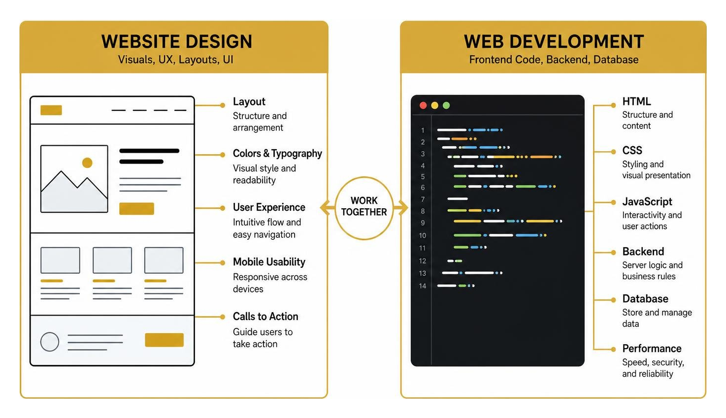 Comparison diagram showing website design visual elements versus web development code Comparison diagram showing website design visual elements versus web development code