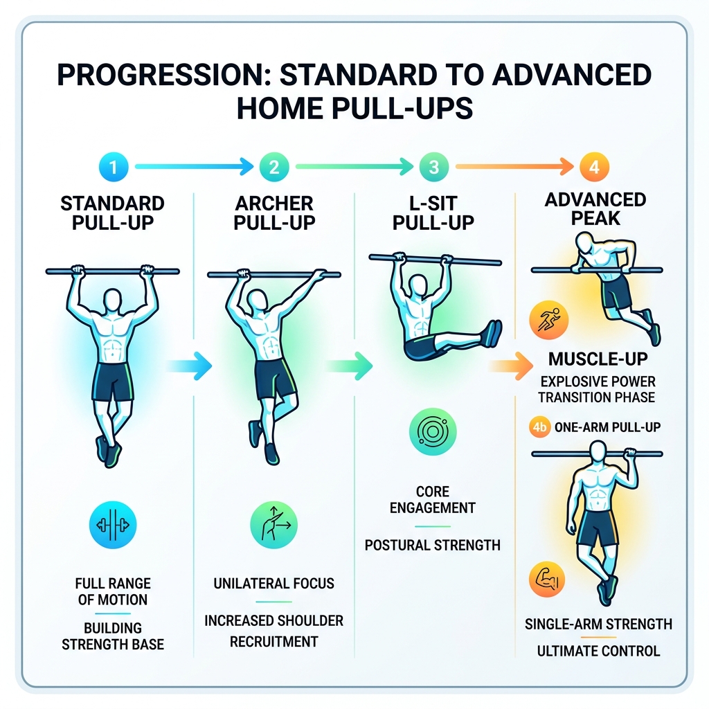 Progression from standard to advanced pull-up variations: archer, L-sit, muscle-up, one-arm - advanced bodyweight pullups Progression from standard to advanced pull-up variations: archer, L-sit, muscle-up, one-arm - advanced bodyweight pullups