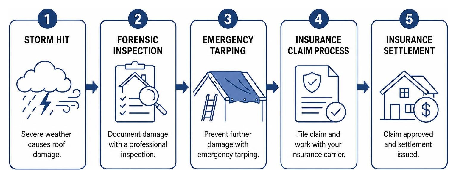 Diagram showing sequence from initial storm hit to forensic inspection, emergency tarping, and insurance settlement Diagram showing sequence from initial storm hit to forensic inspection, emergency tarping, and insurance settlement