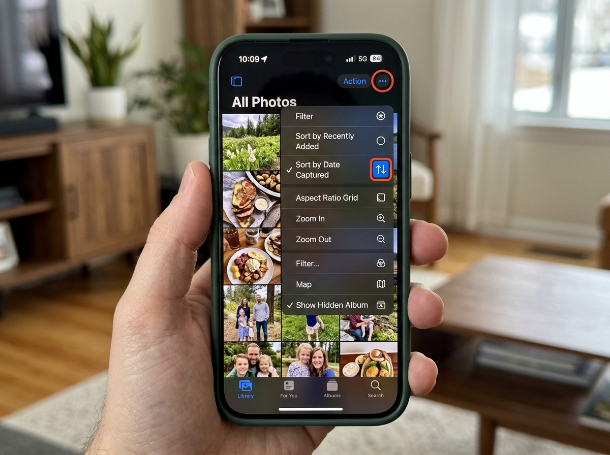 Menu showing the 'Sort by Recently Added' and 'Sort by Date Captured' options on iPhone - how to sort iphone photos by date