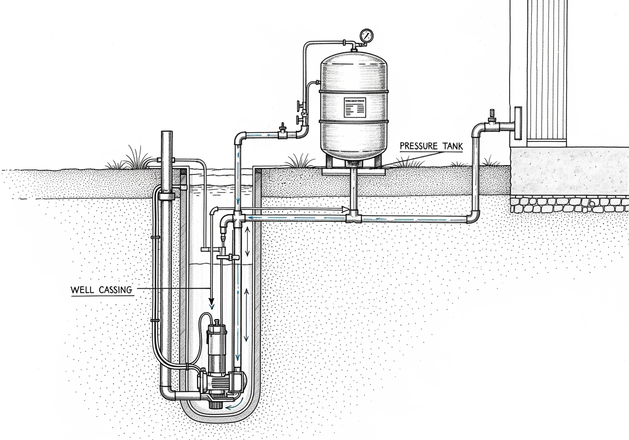 a residential well system diagram showing the pump, well casing, pressure tank, and house plumbing - residential well pump repair near me