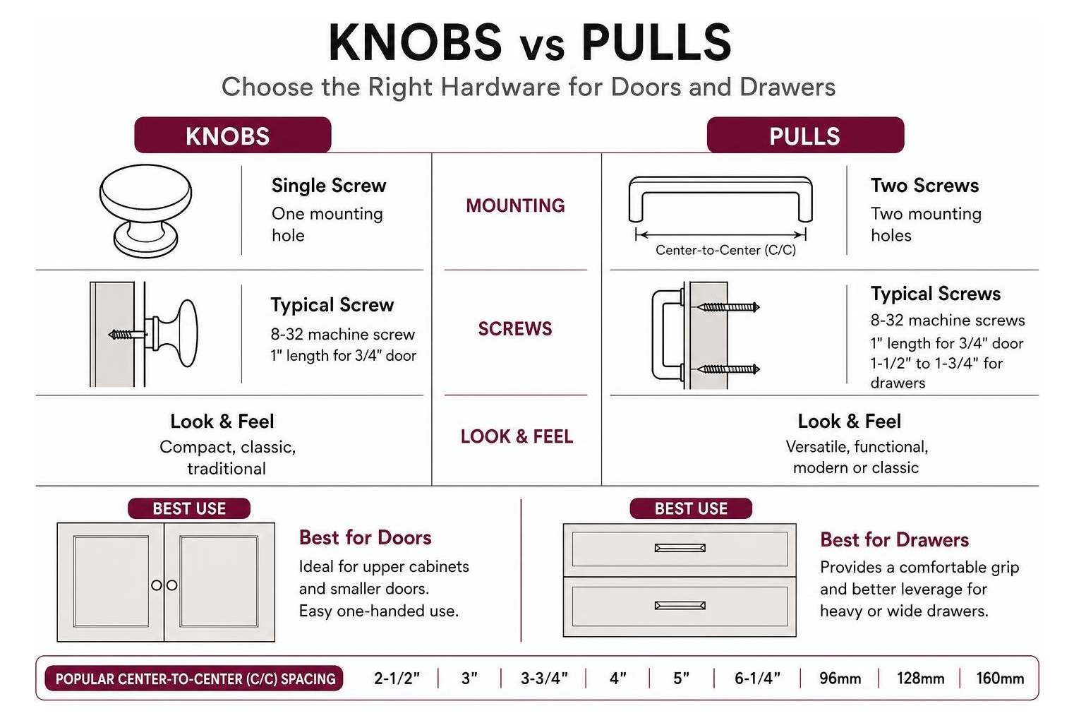 Hardware Selection Diagram Comparing Knobs And Handles For Doors And Drawers