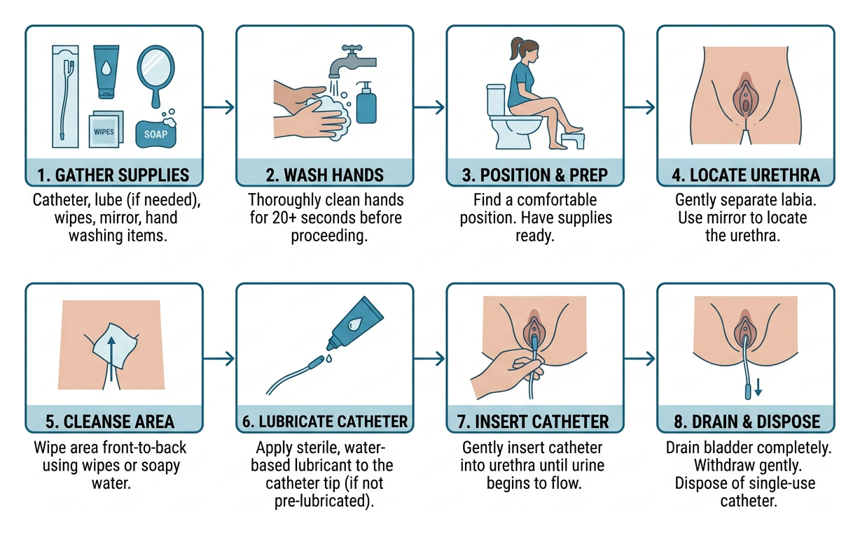 Step-by-step female self-catheterization sequence