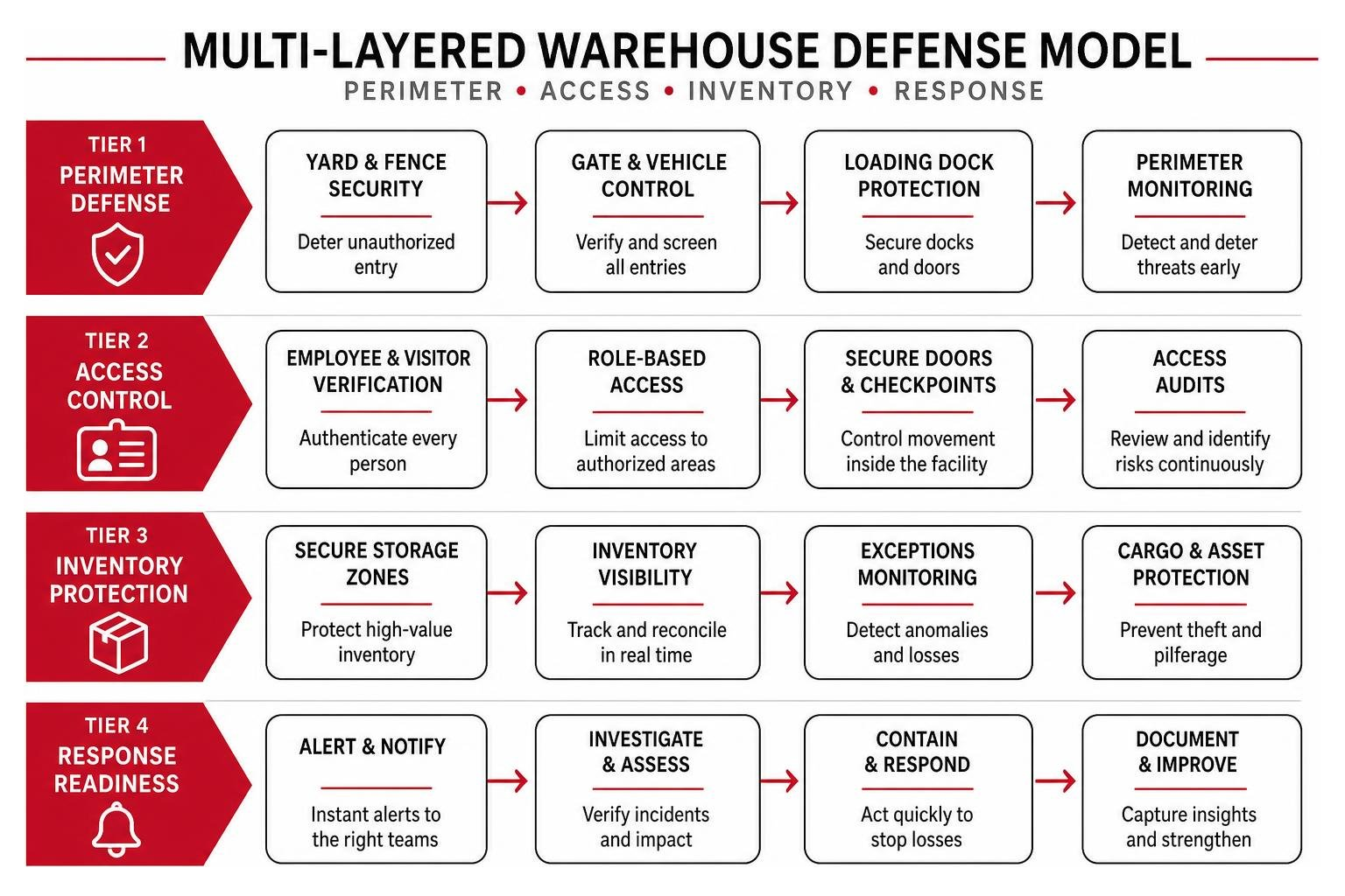 Multi-layered warehouse defense model showing perimeter access inventory and response tiers