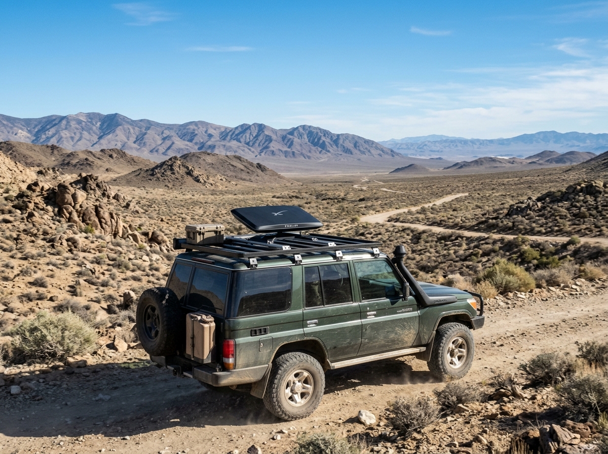 Low-profile Starlink Gen 3 mount on a 4WD roof rack in the desert - Starlink Gen 3 Mobility Mount
