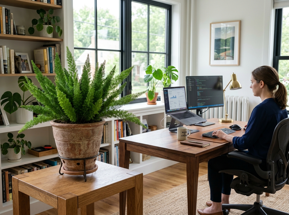 Foxtail fern on a decorative pedestal in a modern home office - asparagus fern air purifier