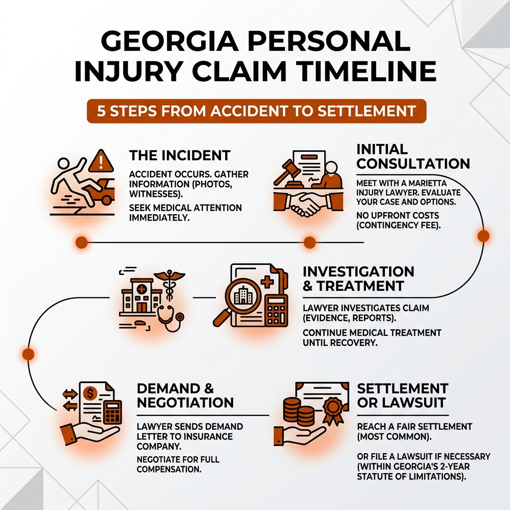Personal injury claim timeline infographic for Georgia residents showing 5 steps from accident to settlement with basketball icons - marietta