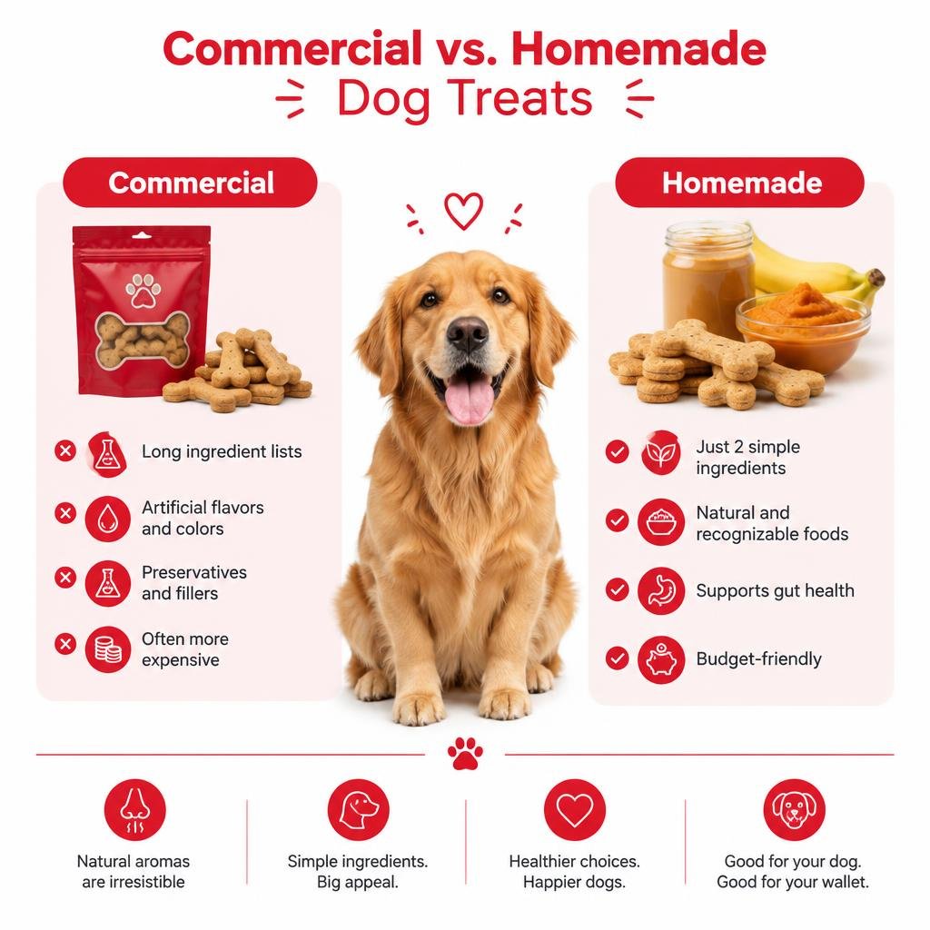 Comparison of Commercial vs. Homemade Dog Treats infographic