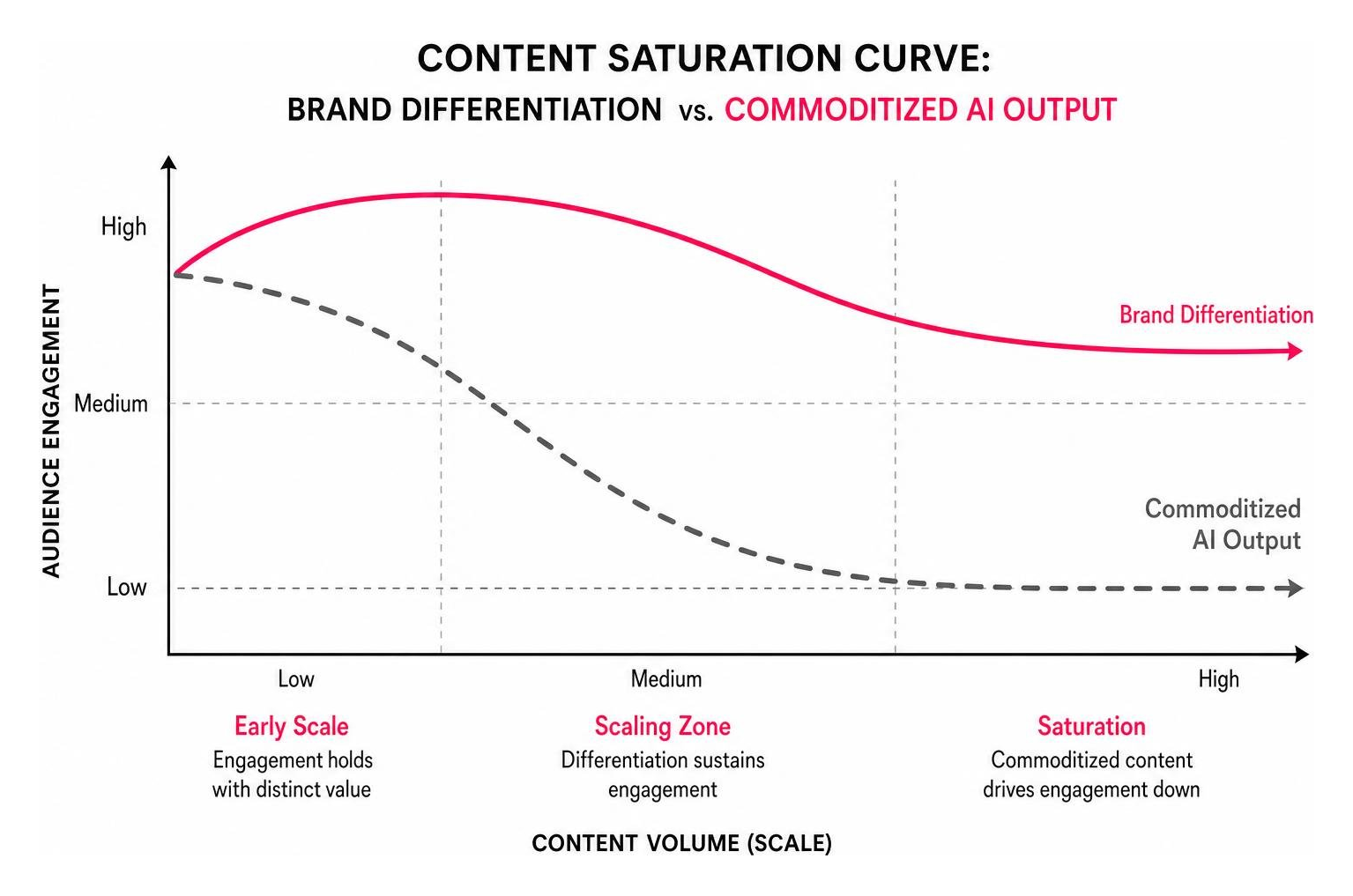content saturation curve comparing brand differentiation vs commoditized AI output